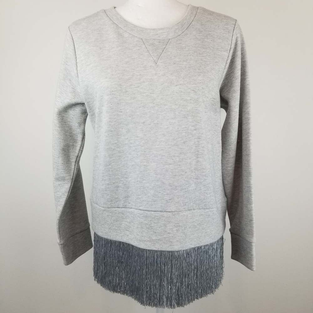 J.Crew NWT Gray Fringe Hem Sweatshirt Crewneck Long Sleeve Boho Chic Size S
